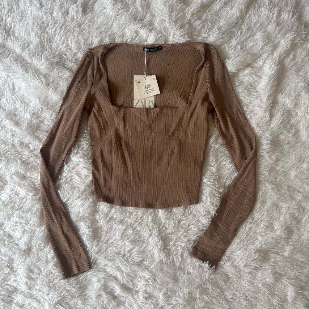 Zara Chocolate Brown Long Sleeve Square Neck Top